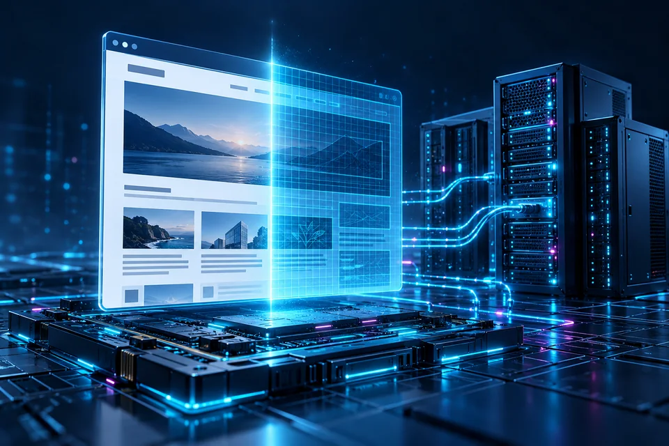 Webサイトとサーバーを光の回路とスキャン光でつないだサイバーテクノロジー調のイメージ