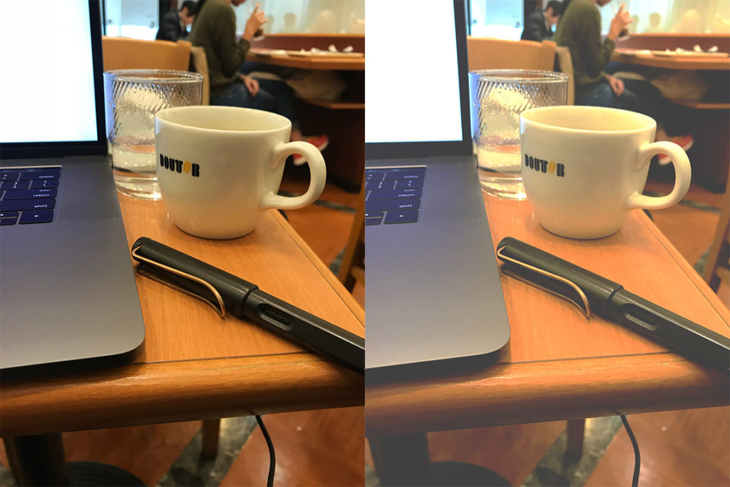 パソコン・ペン・コーヒーカップの写真（比較）