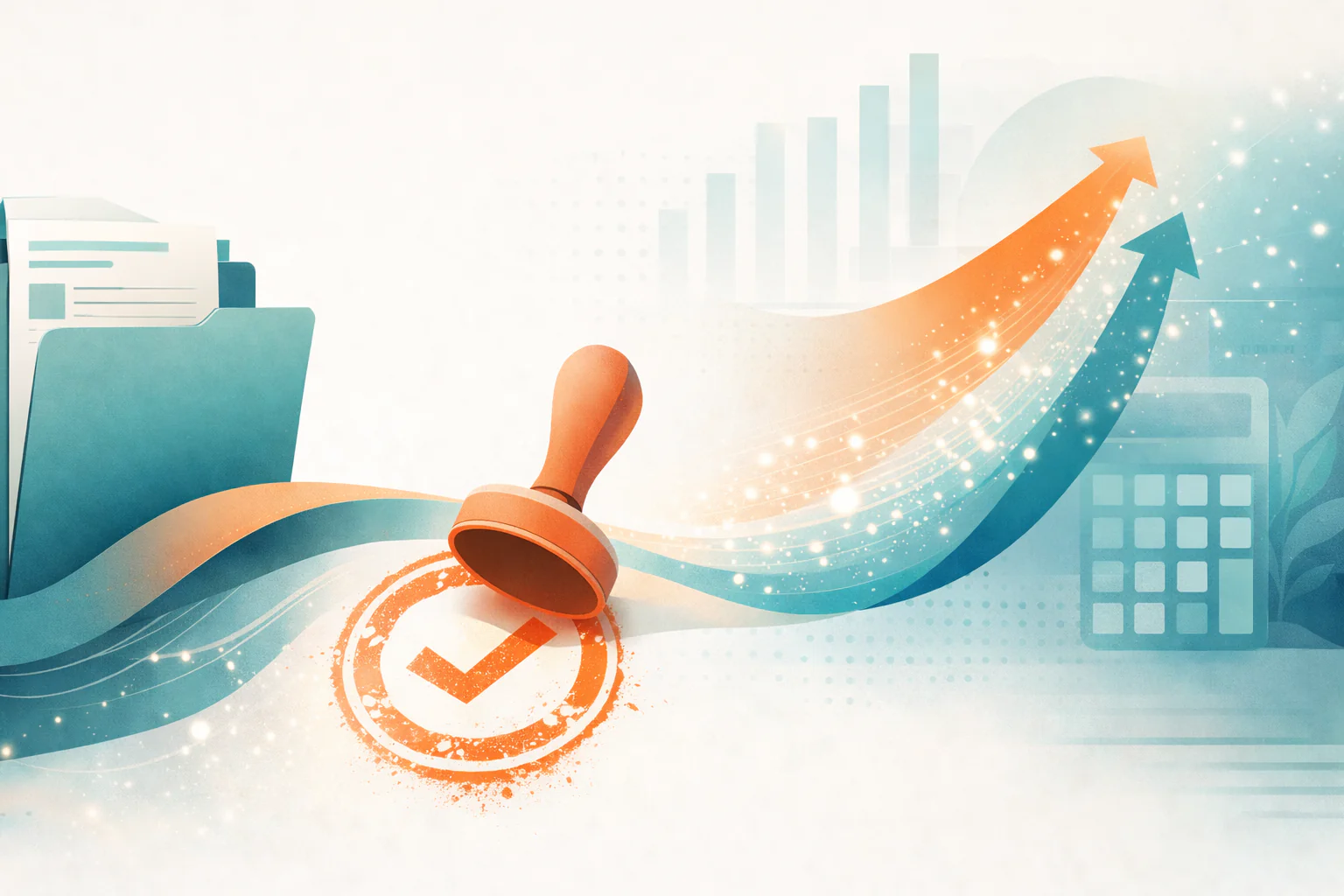 ホームページ制作の補助金活用イメージ｜申請書類と採択スタンプから事業成長への流れ