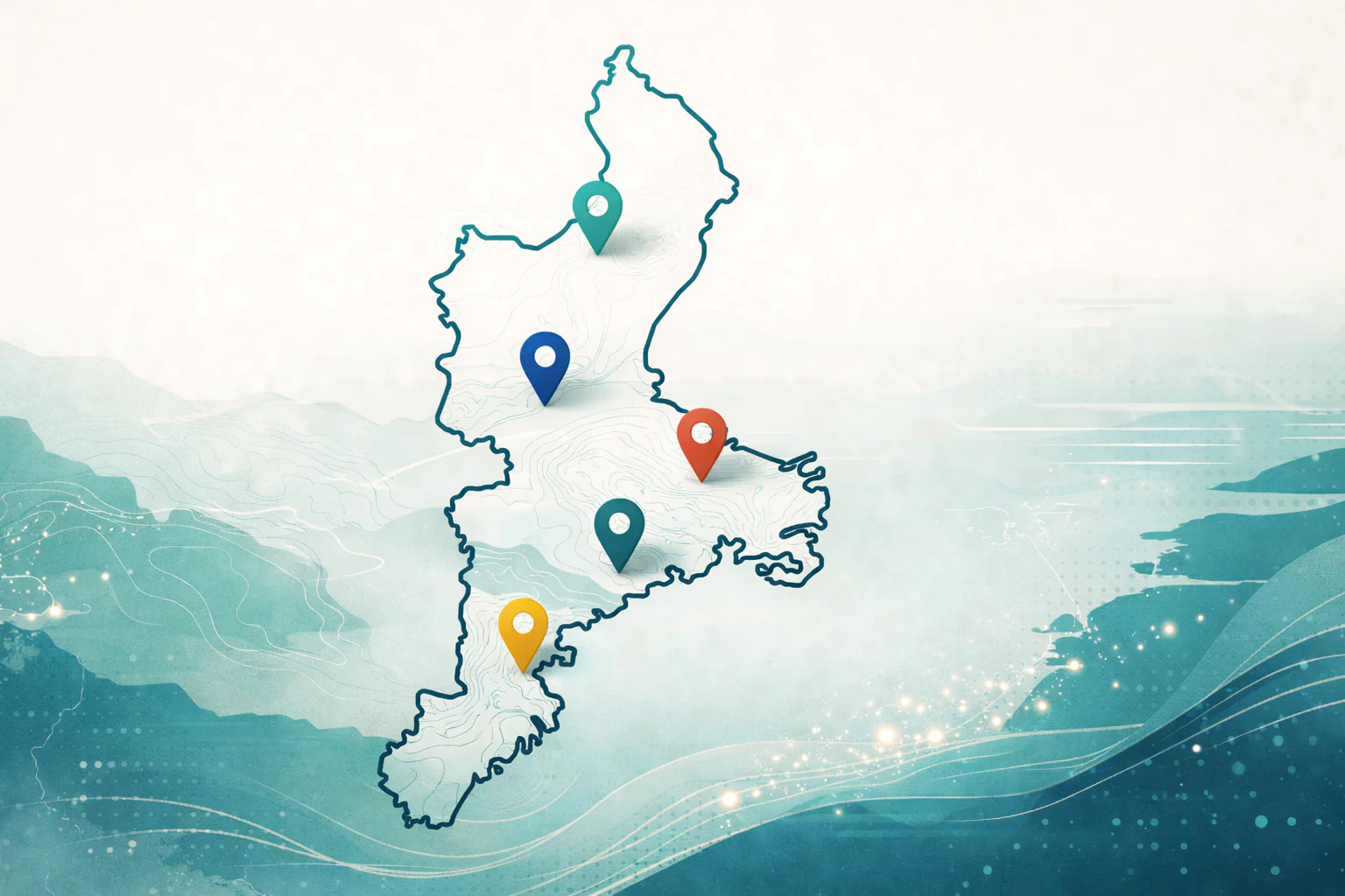 三重県の輪郭と5圏域（北勢・中勢・南勢・伊賀・東紀州）に配置されたピンのイメージ