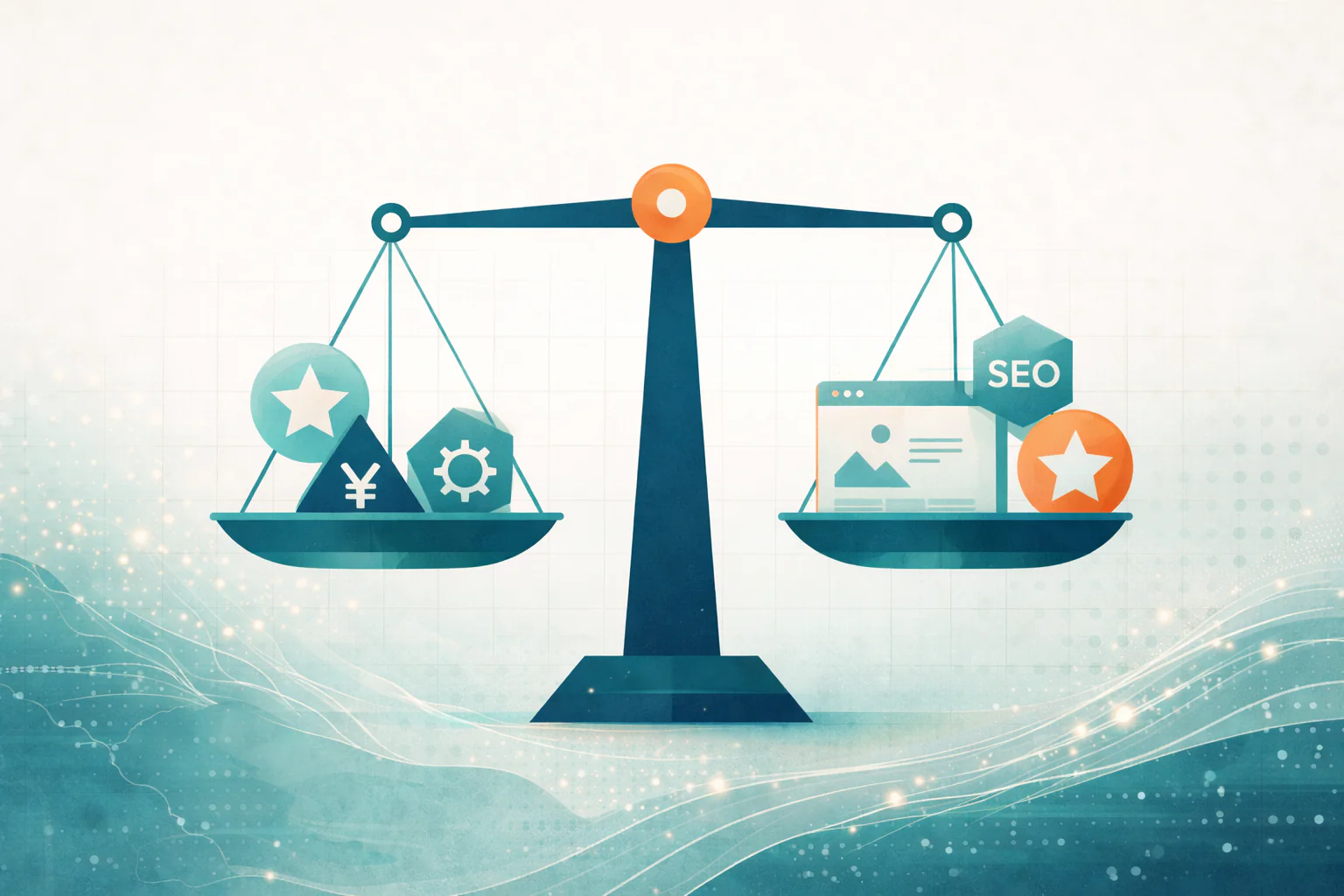 ホームページ制作会社の選び方｜実績・料金・運用・SEO・自社サイト品質を天秤で比較するイメージ